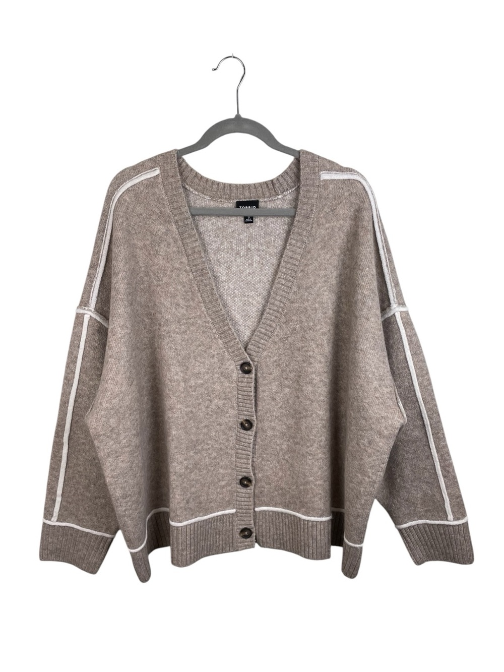 Torrid Vegan Cashmere V-Neck Cardigan Sweater Size 3X Taupe White Trim Preppy